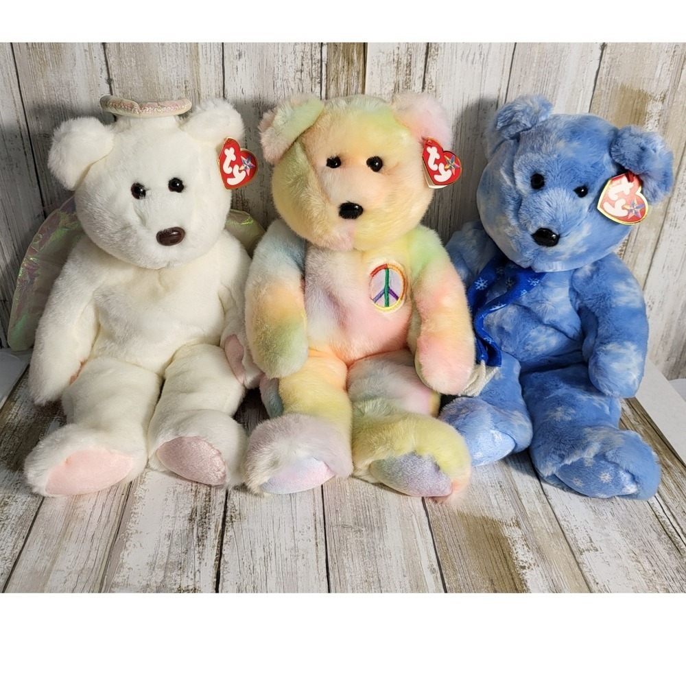 RARE! Ty Original Beanie Buddies Collection 14' Angel Peace Blue Bear w/errors‎